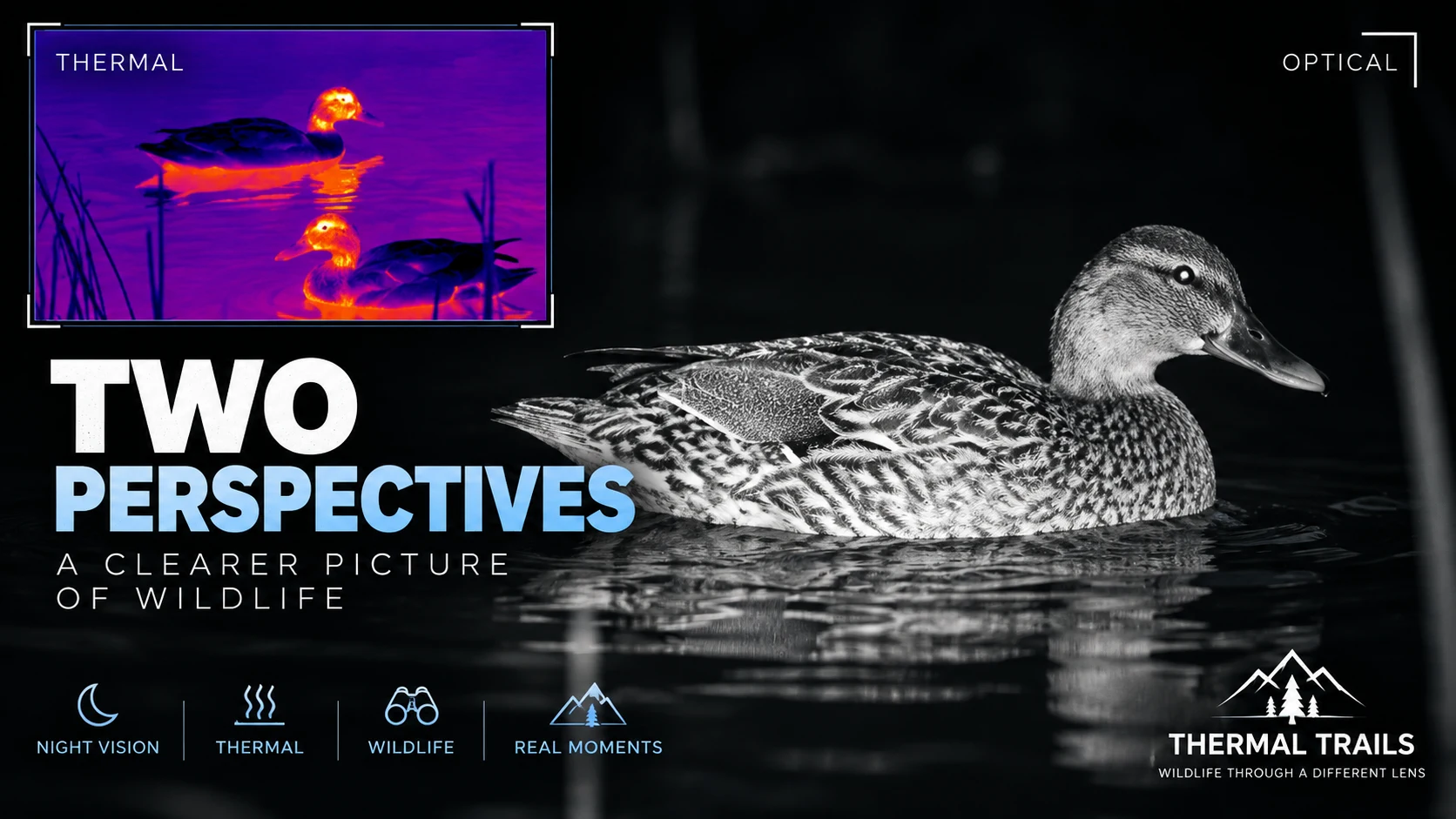 A duck floating on dark water in optical night vision, with an inset thermal view showing two ducks in purple, orange and yellow