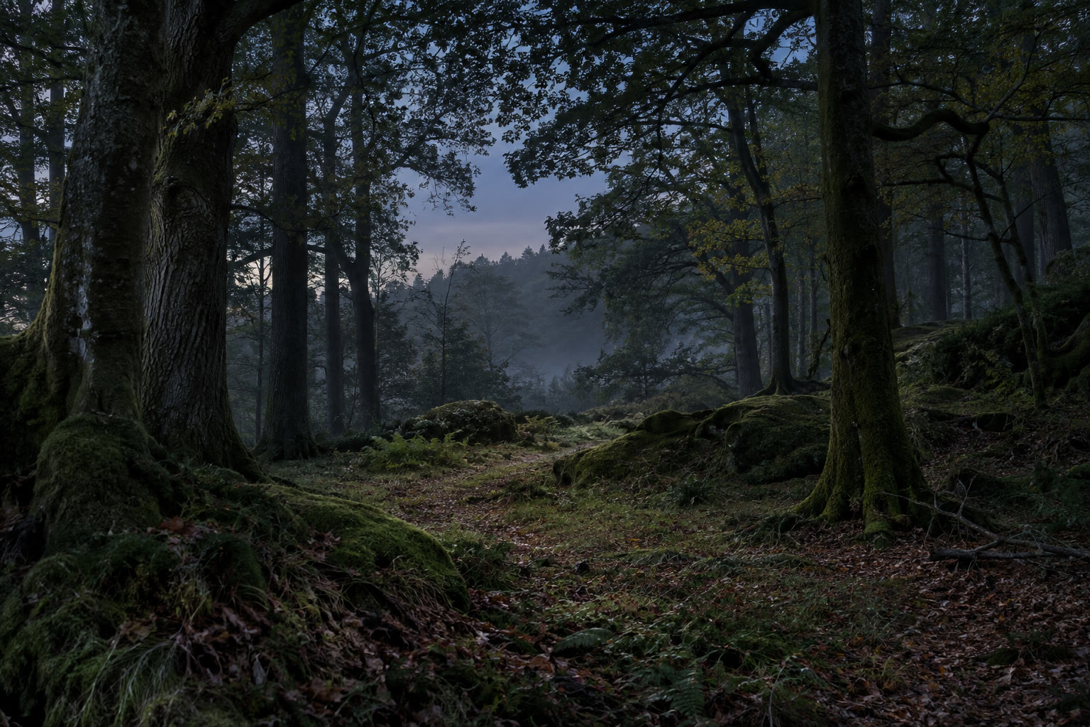 Tree-lined woodland clearing in the last light of day