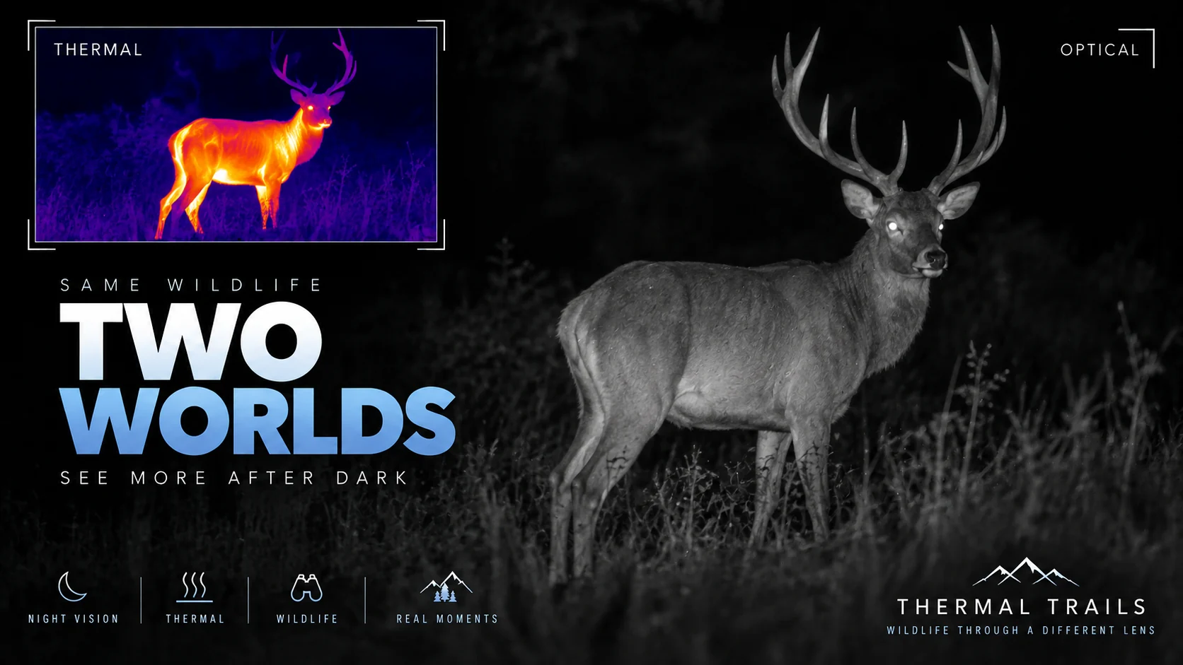 A stag standing in monochrome night vision, with an inset thermal image of the stag in orange and purple